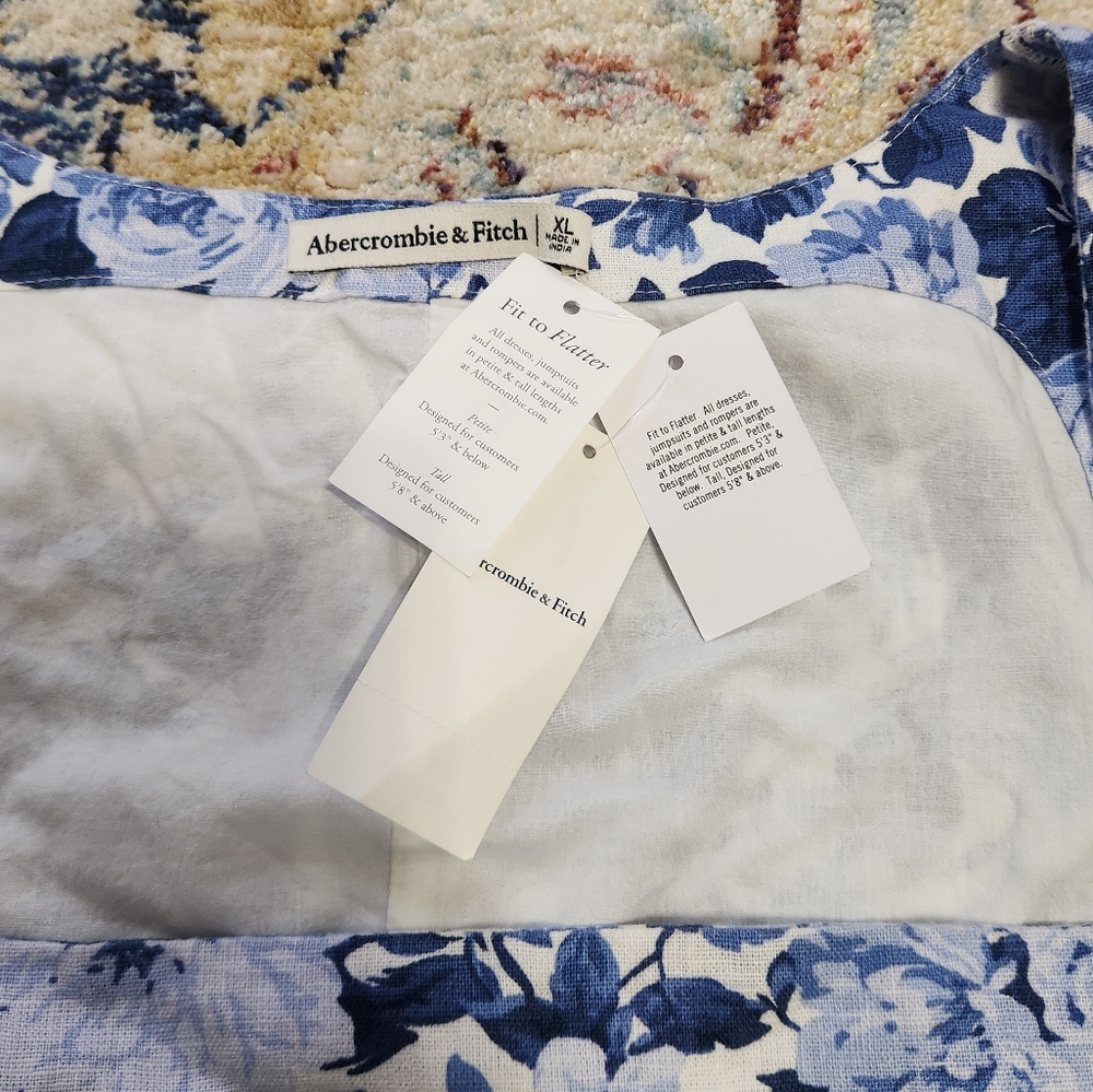 Abercrombie & Fitch Square Neck Linen-Blend Blue Floral Mini Dress Size XL - Picture 5 of 15
